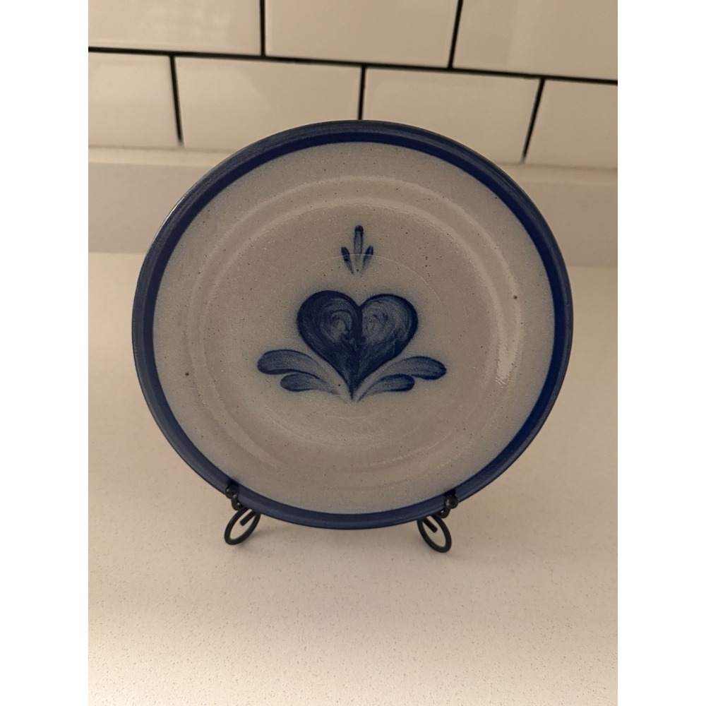 VTG Rowe Pottery Salt-Glaze Stoneware Cobalt Blue Heart Design Plate 8" X 5"